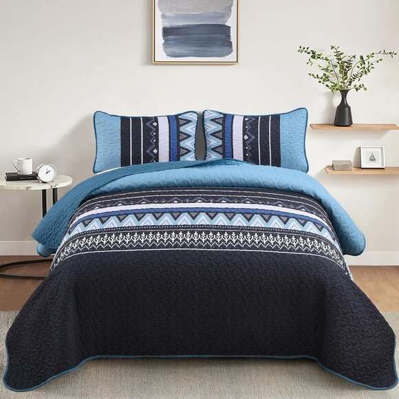 New 3 PC Boho Blue & Black Reversible Quilt Set • QUEEN Size - Picture 4 of 8